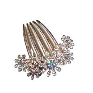 Hair Comb Barrette Rise Gold Tone Rhinestone Floral Sparkle Pink Clear Blue